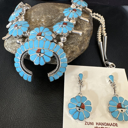 Old Pawn Sunface Turquoise Zuni Sterling Silver Squash Necklace Earrings 19289