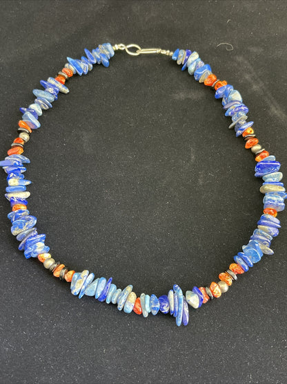 Mens Lapis Lazuli & Spiny Oyster Navajo Sterling Silver Necklace 18" 1737