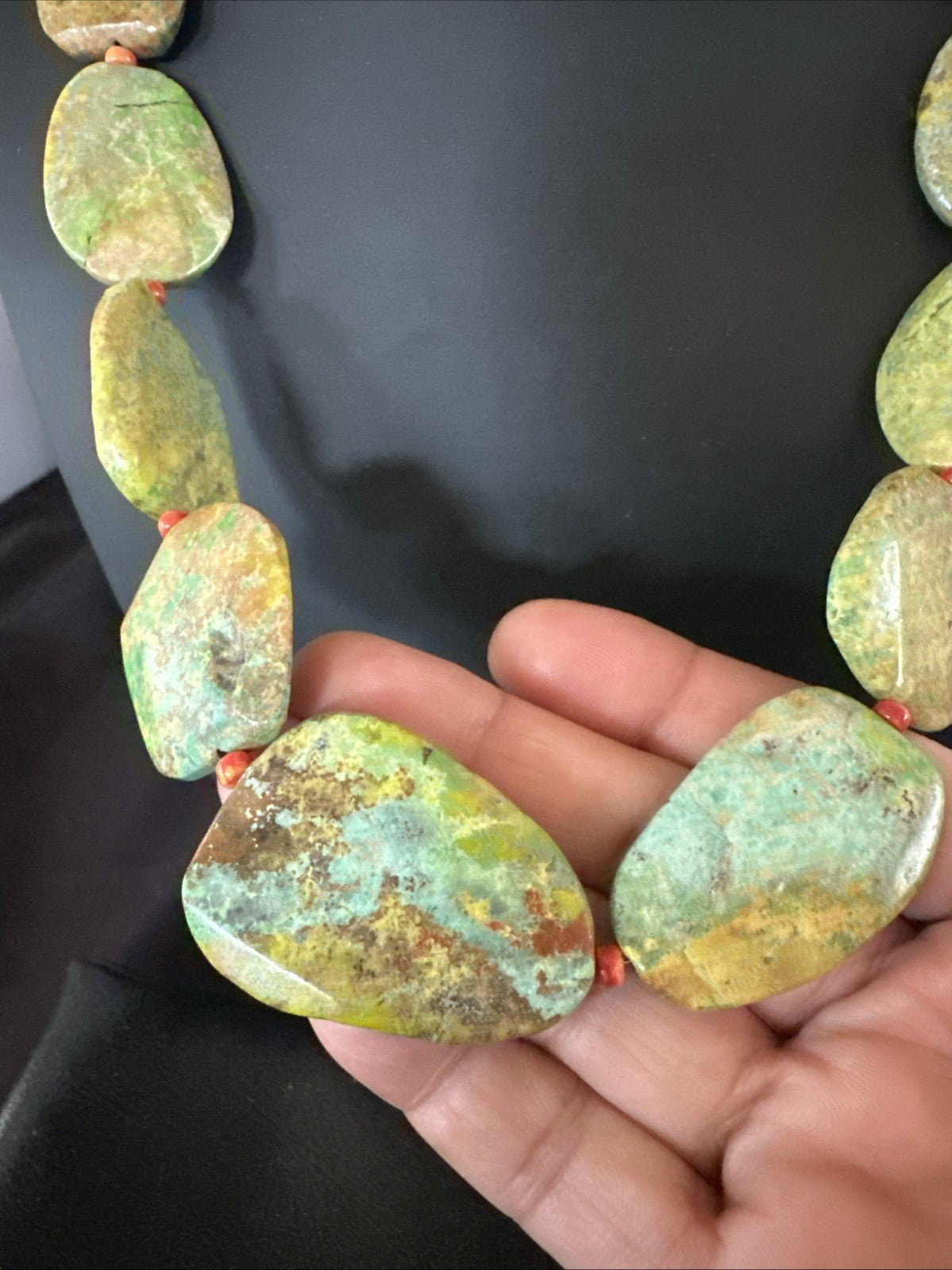 Rare Green Turquoise Orange Spiny Navajo Sterling Silver Necklace 19317