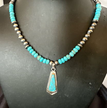 Inlay Blue Kingman Turquoise Pendant Navajo Sterling Silver Necklace 21" 18380