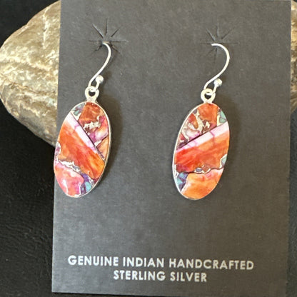 Blue Turquoise Red Spiny Oyster Inlay Sterling Silver Dangle Earrings 15558