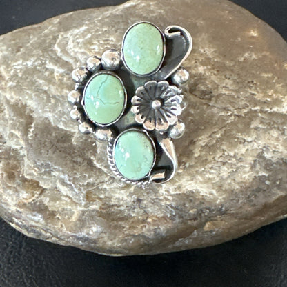 Yazzie Ring Green Turquoise Navajo Sterling Silver Cluster Size 8.5 19231