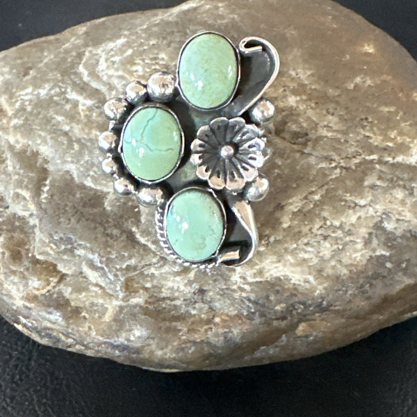Yazzie Ring Green Turquoise Navajo Cluster Size 8.5 | Sterling Silver | Authentic Native American Handmade | 19231
