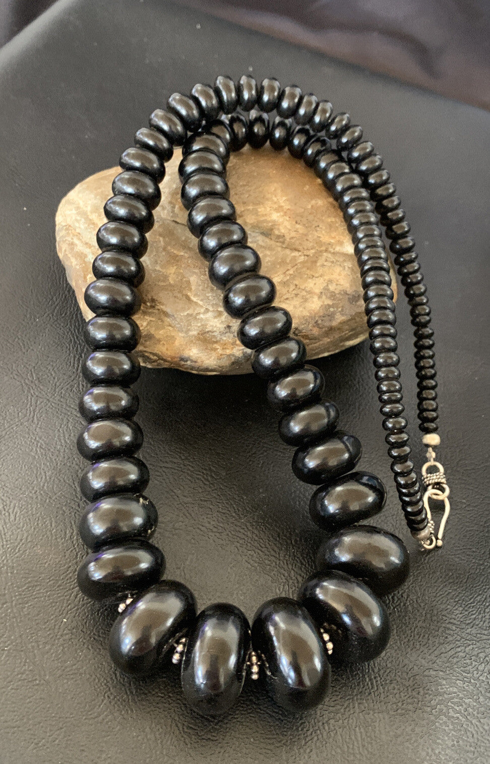 Black Jet Onyx Graduated Bead Navajo Pearls Sterling Silver Necklace 24" 12529