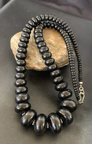 Black Jet Onyx Graduated Bead Navajo Pearls Necklace 24" | Sterling Silver | Authentic Native American Handmade | 12529