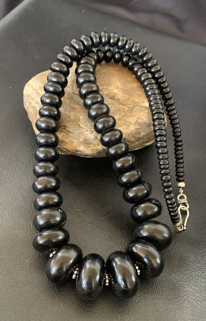 Black Jet Onyx Graduated Bead Navajo Pearls Sterling Silver Necklace 24" 12529