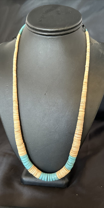 Native Santo Domingo Beige Shell Blue Turquoise 24” Necklace 17764