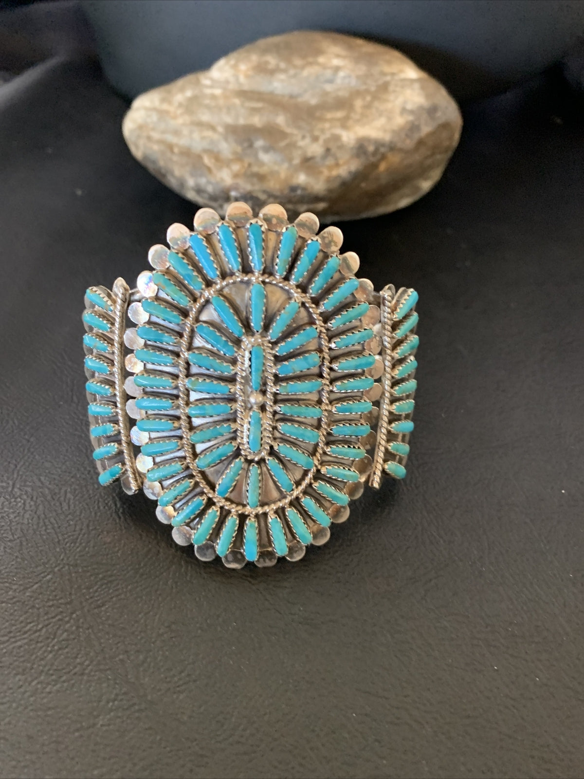 Blue Turquoise Zuni Sterling Silver Cluster Cuff Bracelet 12333
