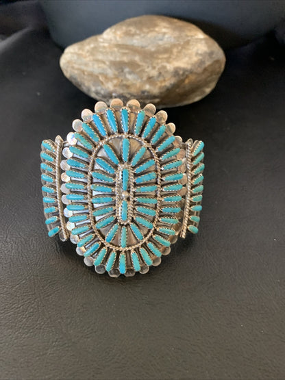 Blue Turquoise Zuni Sterling Silver Cluster Cuff Bracelet 12333
