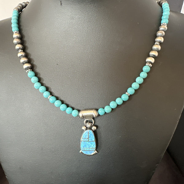 Blue Opal Pendant Turquoise Navajo Necklace 23" | Sterling Silver | Authentic Native American Handmade | 18734