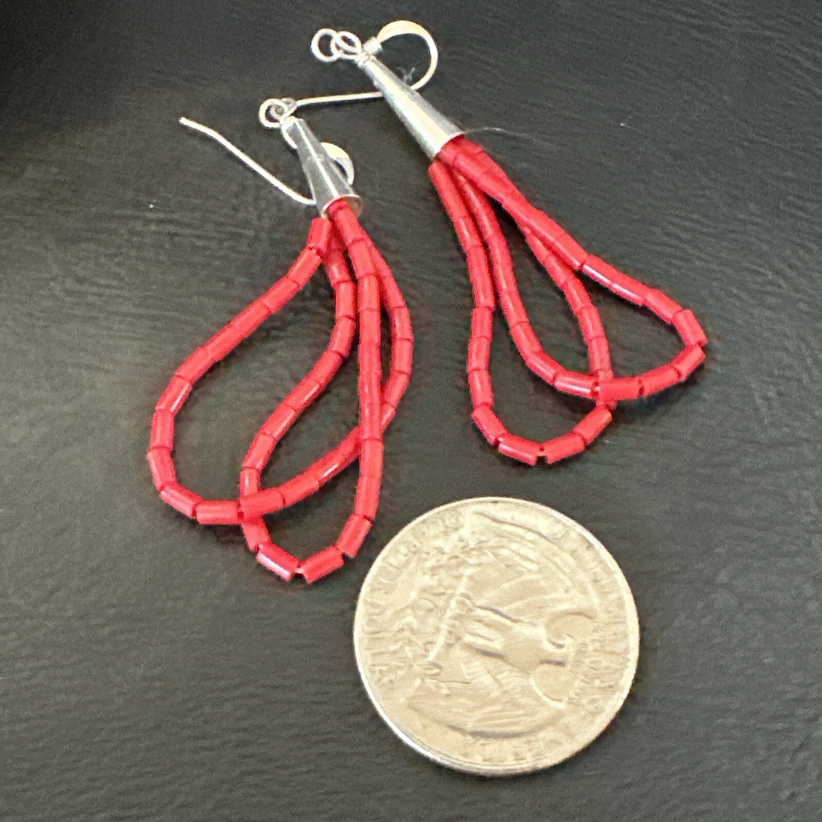 Native Red Coral Heishi Tube Liquid Sterling Silver Dangle Earrings 2" 4394