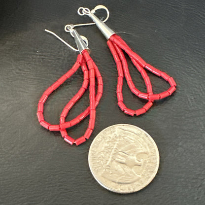 Native Red Coral Heishi Tube Liquid Sterling Silver Dangle Earrings 2" 4394