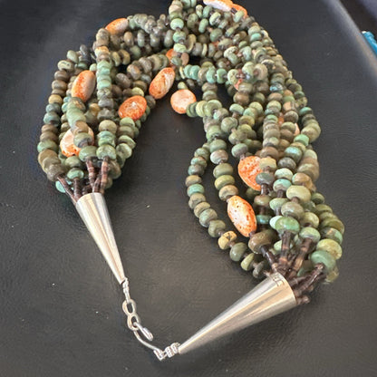 Navajo Green Turquoise 10S Sterling Silver Orange Spiny Shell Necklace 19" 18478