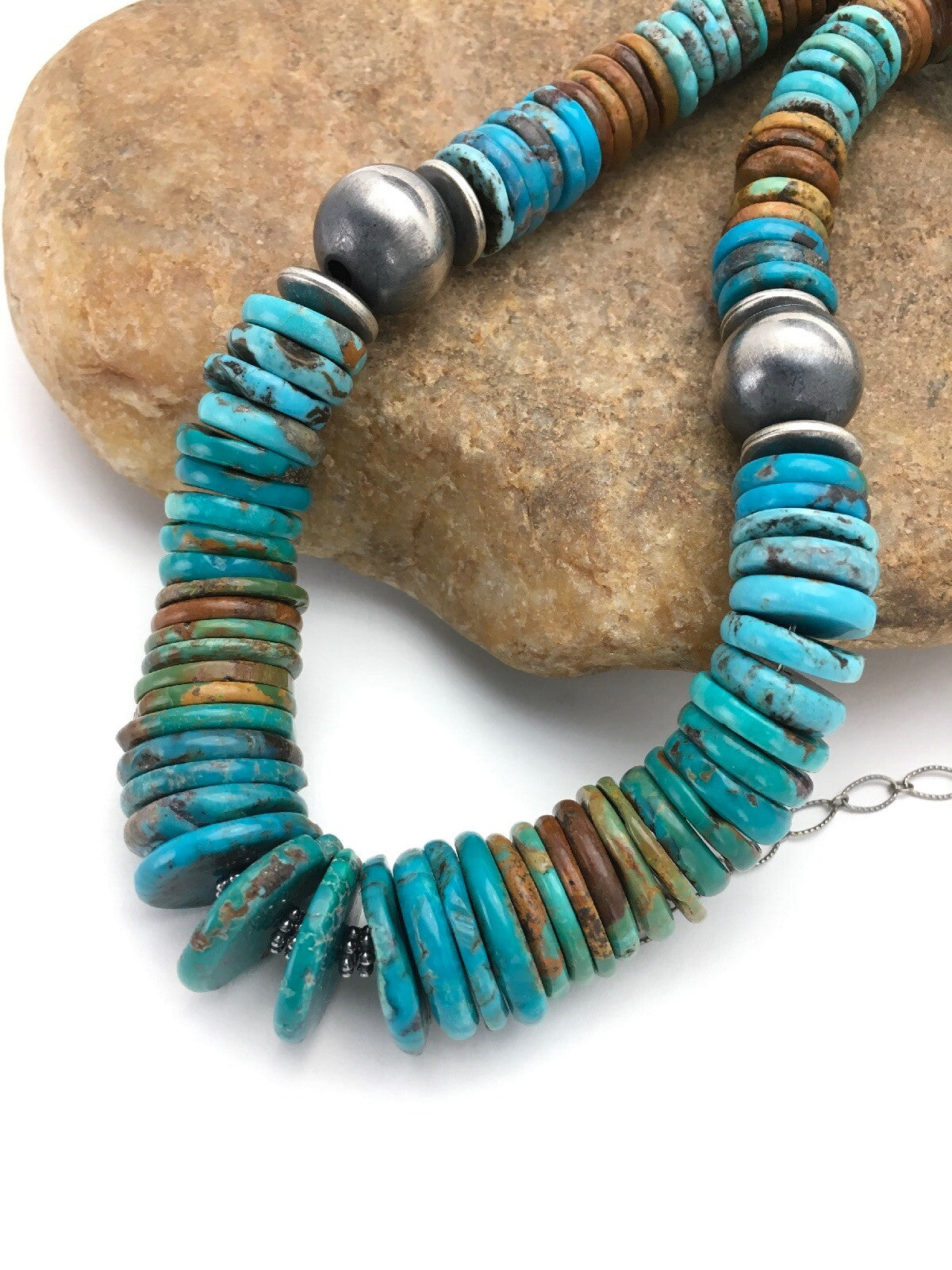 Blue Green Turquoise Navajo Sterling Silver Beads Necklace 02607