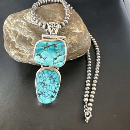 Blue Spiderweb Turquoise Pendant Navajo Pearls Sterling Silver Necklace 16008