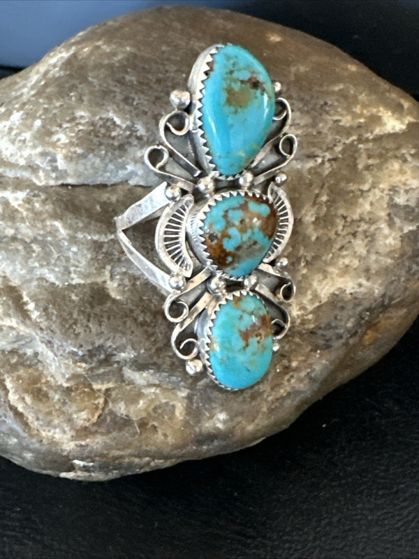 Navajo Blue Kingman Turquoise Ring MultiStone Cluster Sz 8.5 19812
