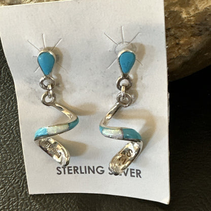 Blue Turquoise Opal Inlay Swirl Navajo Sterling Earrings 1.25" 18751