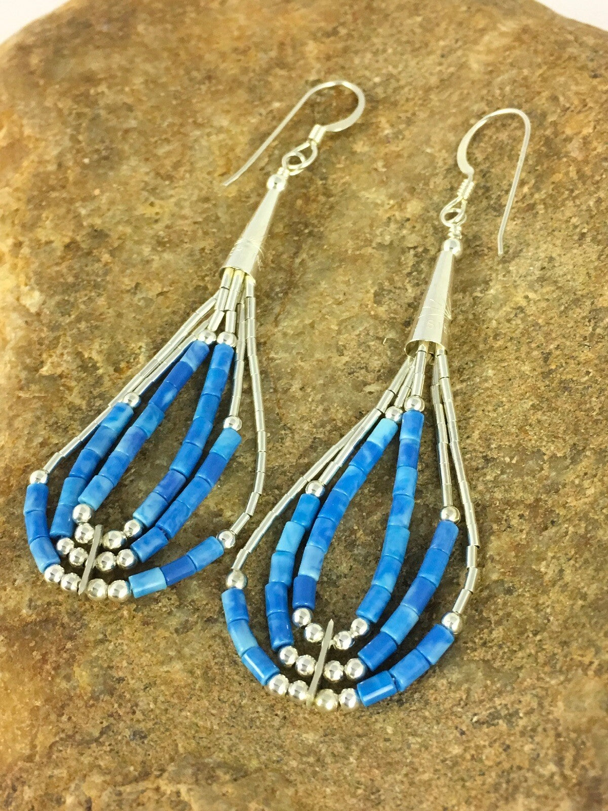 Blue Turquoise Heishi Tube Liquid Sterling Silver Dangle Earrings 2” 8873
