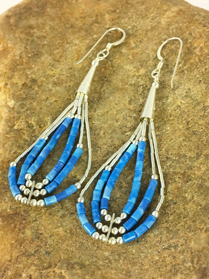 Blue Turquoise Heishi Tube Liquid Sterling Silver Dangle Earrings 2” 8873
