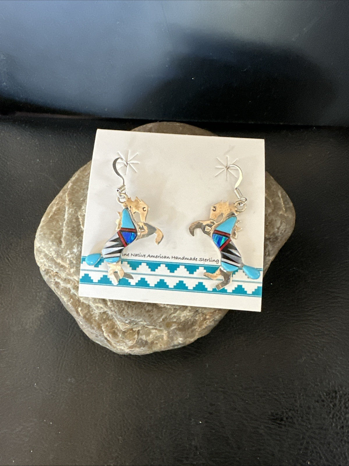 Blue Turquoise Coral Horse Inlay Navajo Sterling Silver Earrings 19827