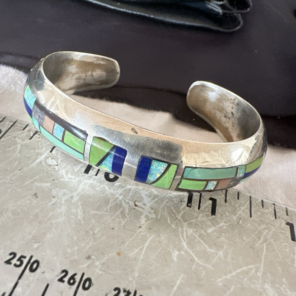 Women's Green Turquoise Lapis Navajo Inlay Cuff Bracelet | Sterling Silver | Authentic Native American Handmade | 19037