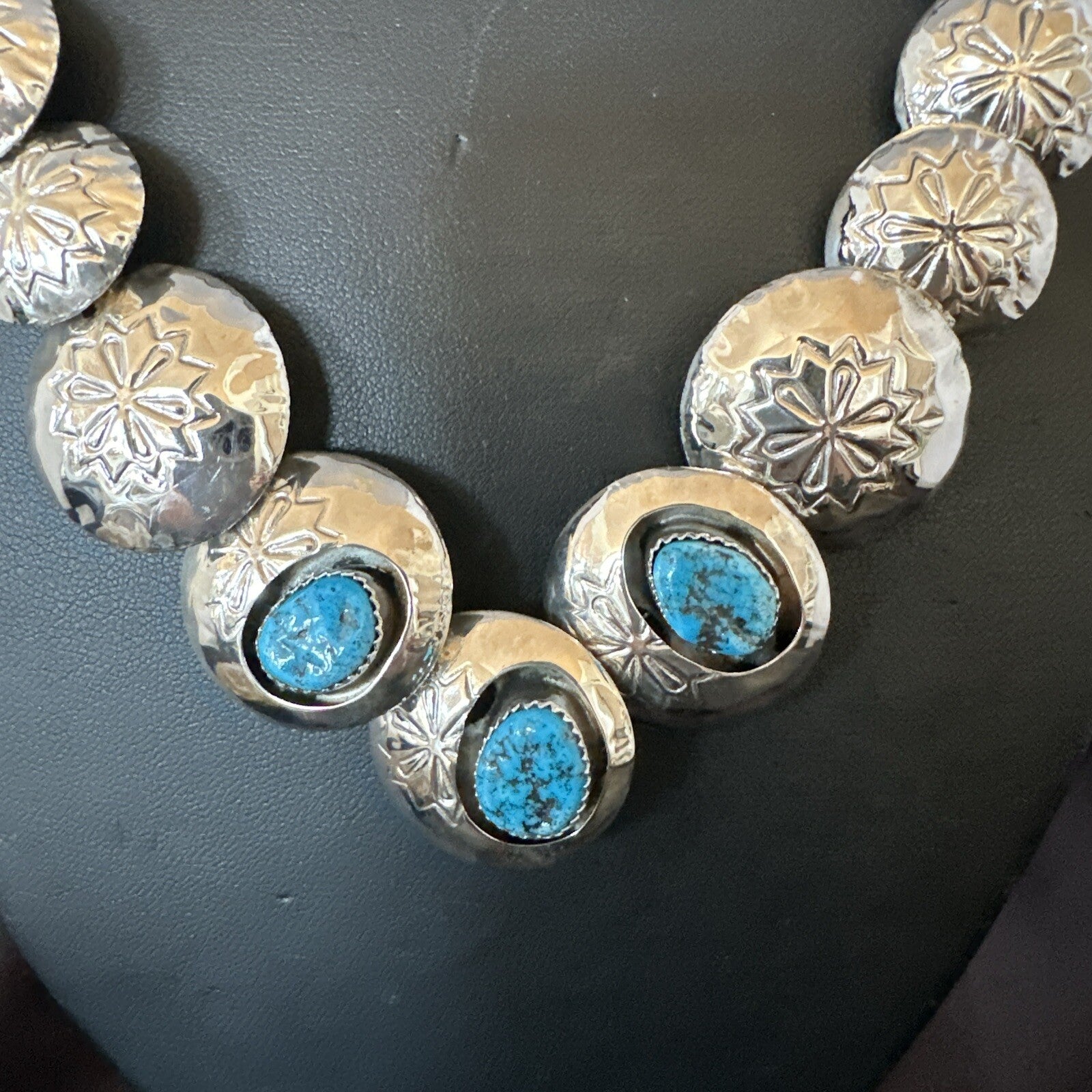 Kingman Turquoise Pillow Bead Navajo Sterling Silver Necklace Earrings 24" 17768