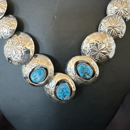 Kingman Turquoise Pillow Bead Navajo Sterling Silver Necklace Earrings 24" 17768