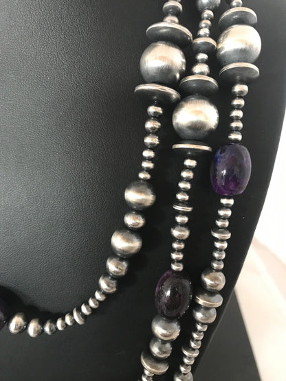 Native Long Navajo Pearls Sterling Silver Purple Stone Bead Necklace 70" 08052