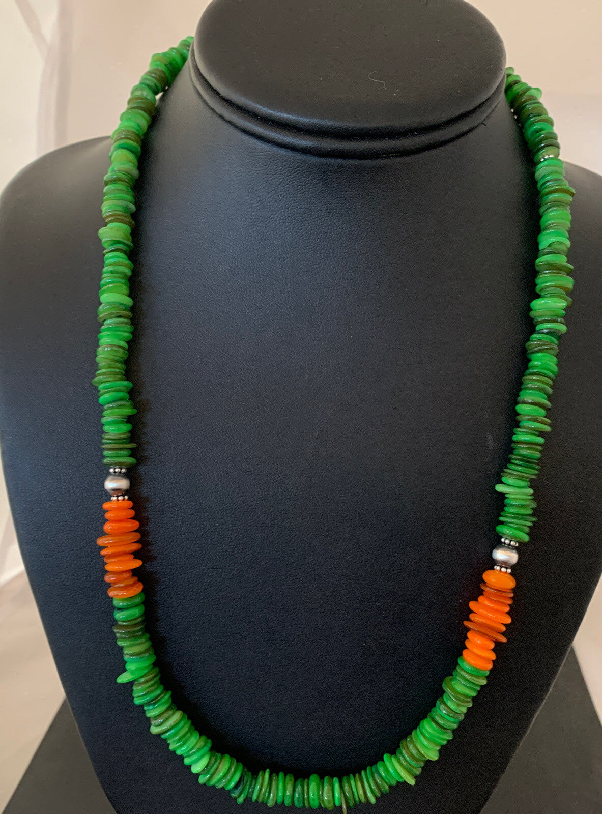 Orange Green Mother of Pearls Navajo Sterling Silver Beads Necklace 01054