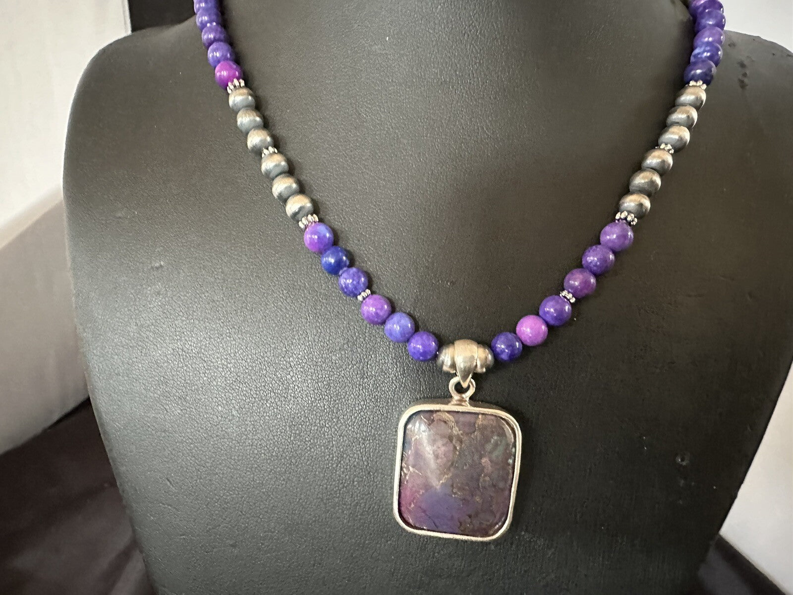 Purple Stone Turquoise Pendant Pearls Sterling Silver Necklace 18385