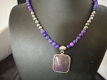 Purple Stone Turquoise Pendant Pearls Sterling Silver Necklace 18385