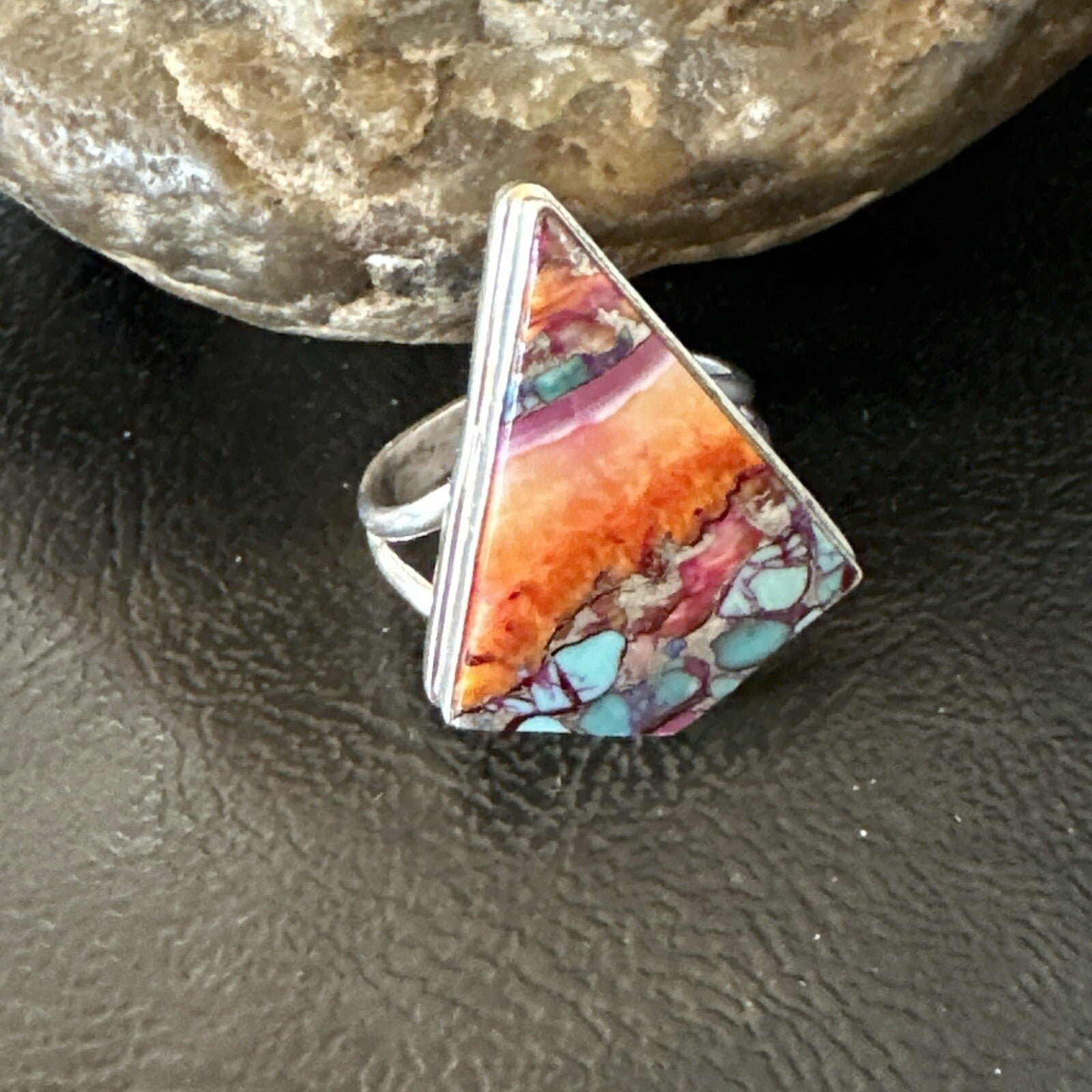 Blue Turquoise Spiny Oyster Southwestern Sterling Silver Ring Size 9 18463