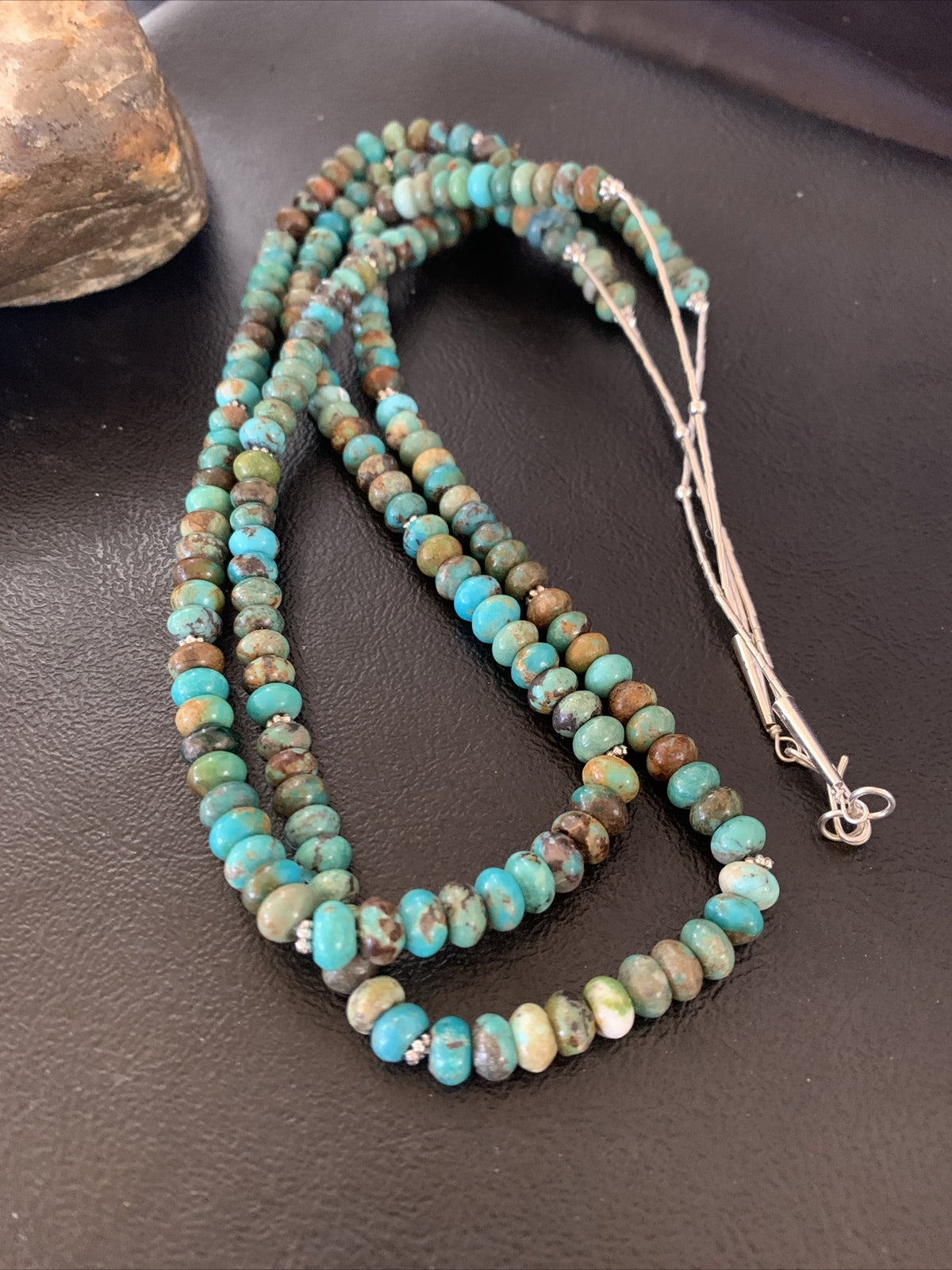 Native Navajo 2 Strands Blue Green Turquoise Sterling Silver Necklace 22" 09473