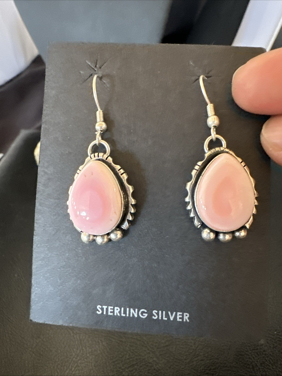 Yazzie Pink Queen Conch Navajo Sterling Silver Dangle Earrings 19324