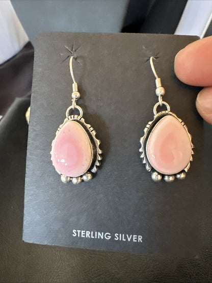 Yazzie Pink Queen Conch Navajo Sterling Silver Dangle Earrings 19324