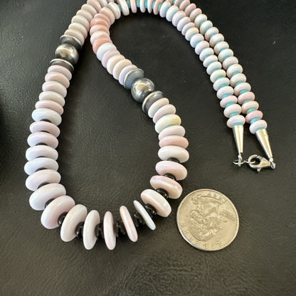 Pink Queen Conch Turquoise Graduated Navajo Sterling Silver Necklace 24” 19016
