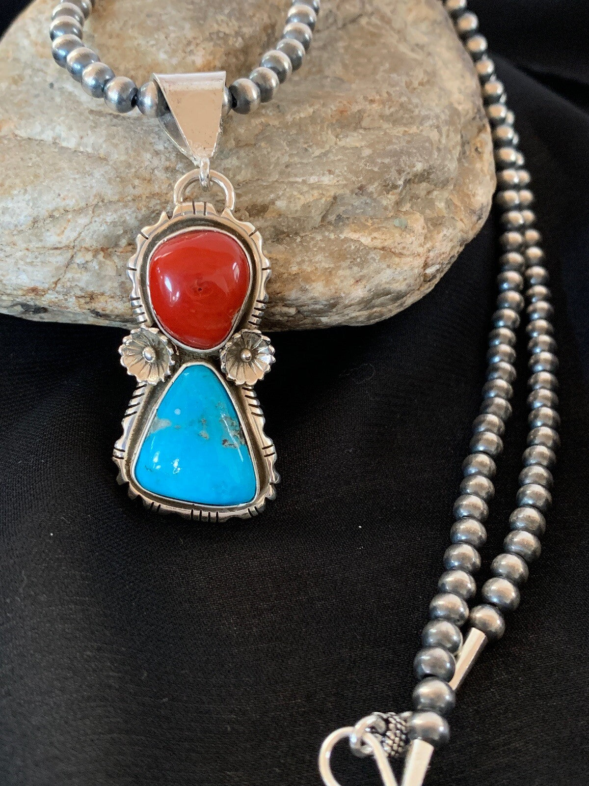 Kingman Turquoise & Coral Pendant Navajo Sterling Silver Necklace 02534