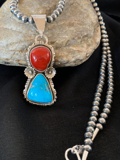 Kingman Turquoise & Coral Pendant Navajo Sterling Silver Necklace 02534