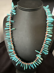 Large Blue Turquoise Red Spiny Navajo Pearls Necklace 21" | Sterling Silver | Authentic Native American Handmade | 19319