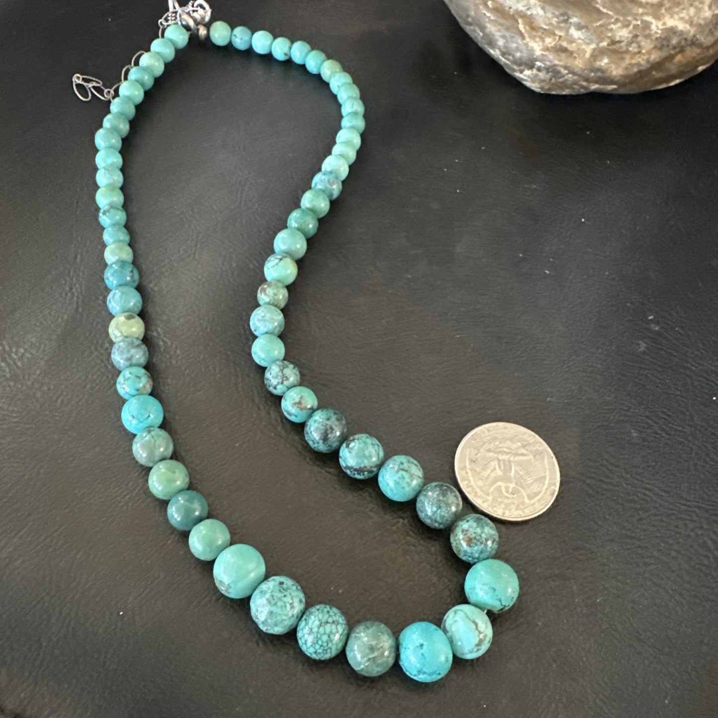 Native Spiderweb Turquoise Bead Navajo Sterling Silver Necklace 18” 19157