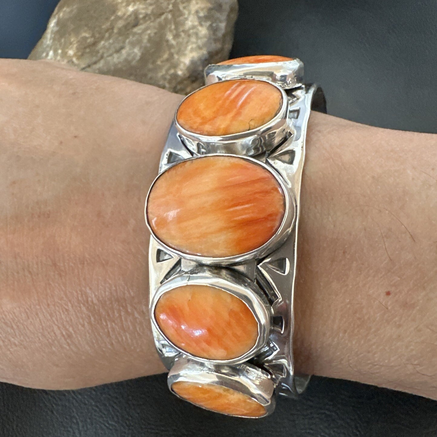 Stamped Orange Spiny Oyster Navajo Sterling Silver 5 Stone Cuff Bracelet 17941