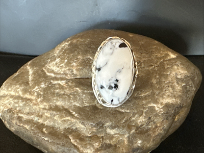 Black White Buffalo Turquoise Navajo Sterling Silver Ring Size 7.5 19805