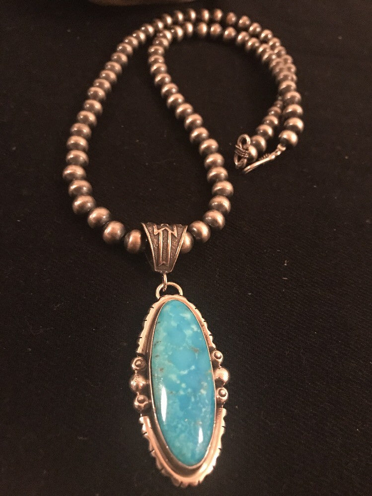 Yazzie Blue Turquoise 2.5" Pendant Navajo Pearls Sterling Silver Necklace 3232