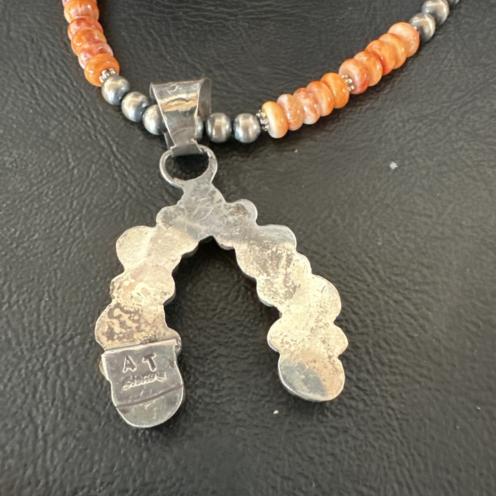 Navajo Pearls Sterling Necklace Orange Spiny Oyster Cluster Naja Pendant 19552