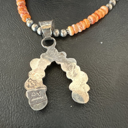 Navajo Pearls Sterling Necklace Orange Spiny Oyster Cluster Naja Pendant 19552