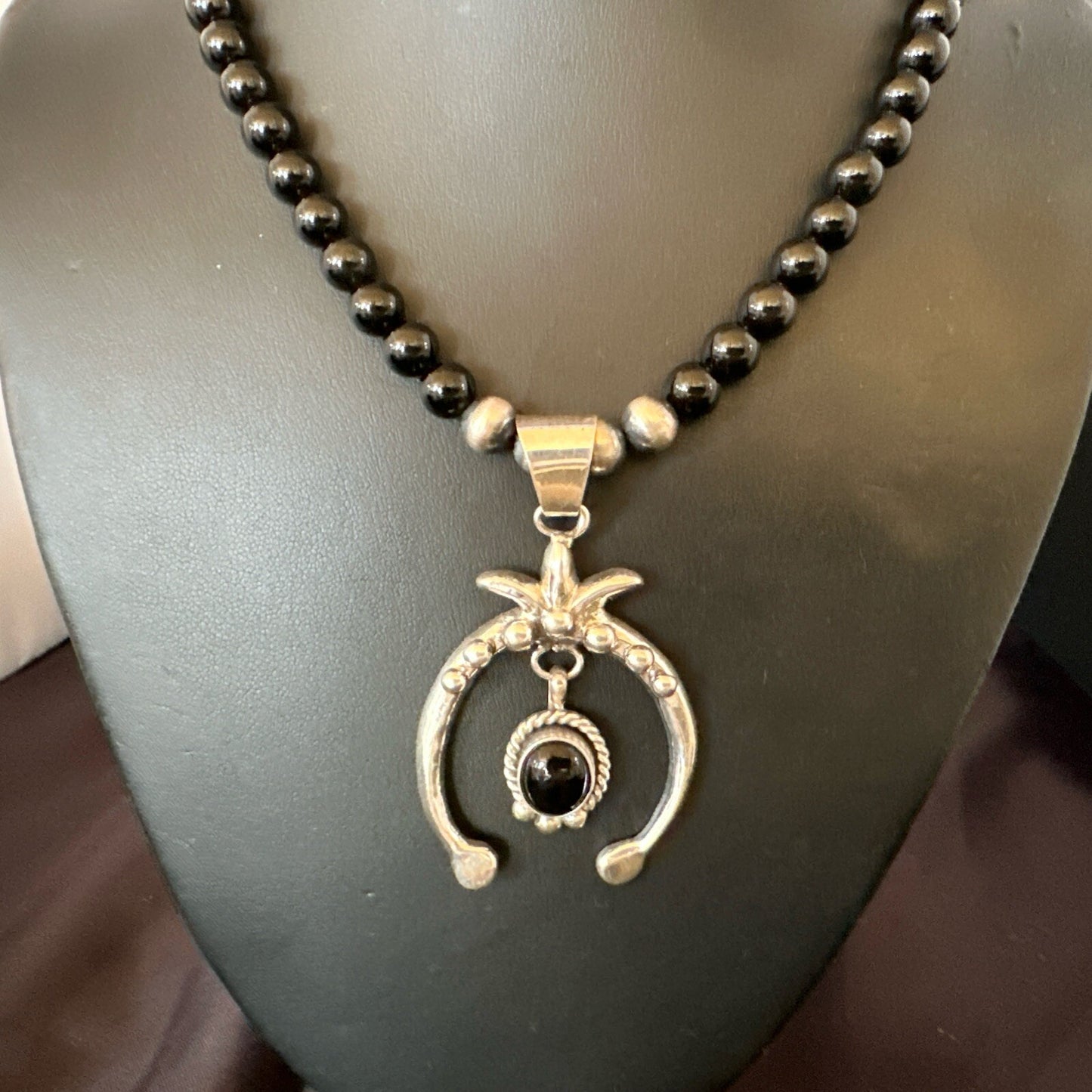 Mens Black Onyx Naja Pendant Navajo Pearls Sterling Silver Necklace 23” 17686