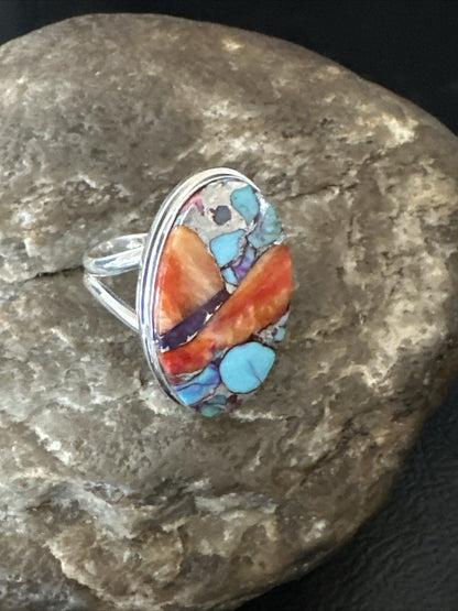 Blue Turquoise Spiny Oyster Southwestern Sterling Silver Ring Size 8 18436