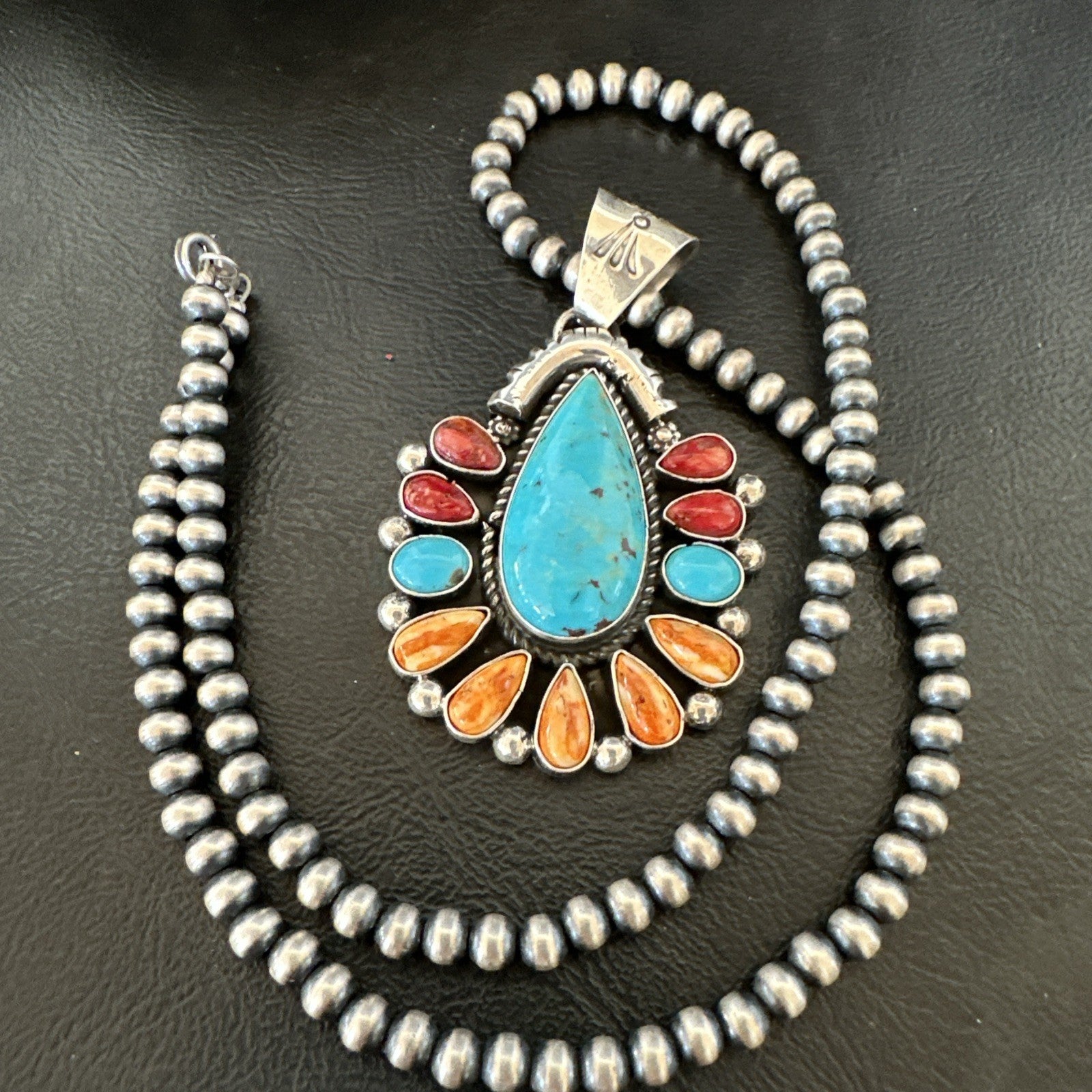 Multicolor Turquoise Spiny Navajo Sterling Silver Cluster Pendant Necklace 19561