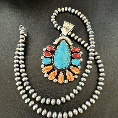 Multicolor Turquoise Spiny Navajo Sterling Silver Cluster Pendant Necklace 19561