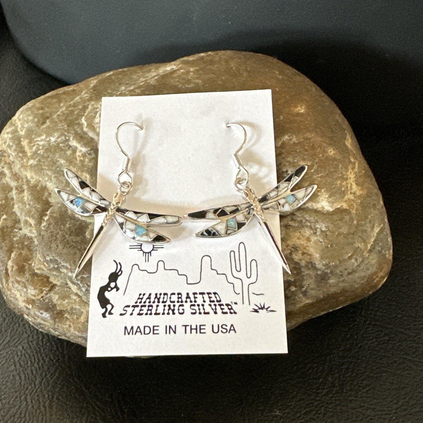 White Buffalo Turquoise Onyx Opal Navajo Sterling Silver Inlay Earrings 1" 18548